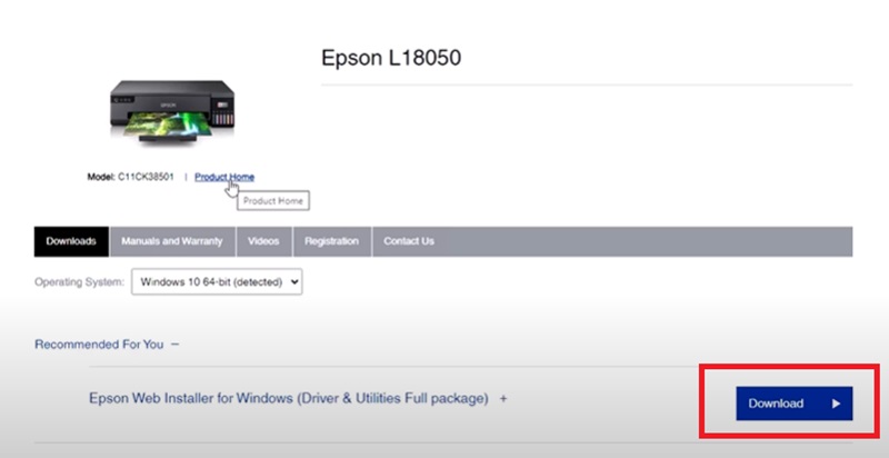 Nhấn ngay vào “Download” để tải xuống Driver máy in Epson L18050