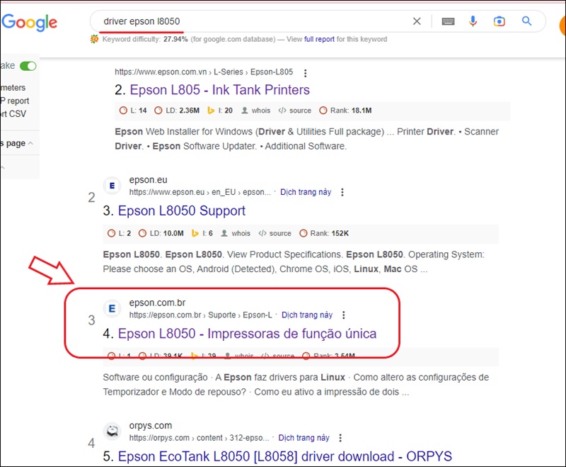 Tìm kiếm và click vào trang chủ của máy tính Epson có đuôi là “.br”
