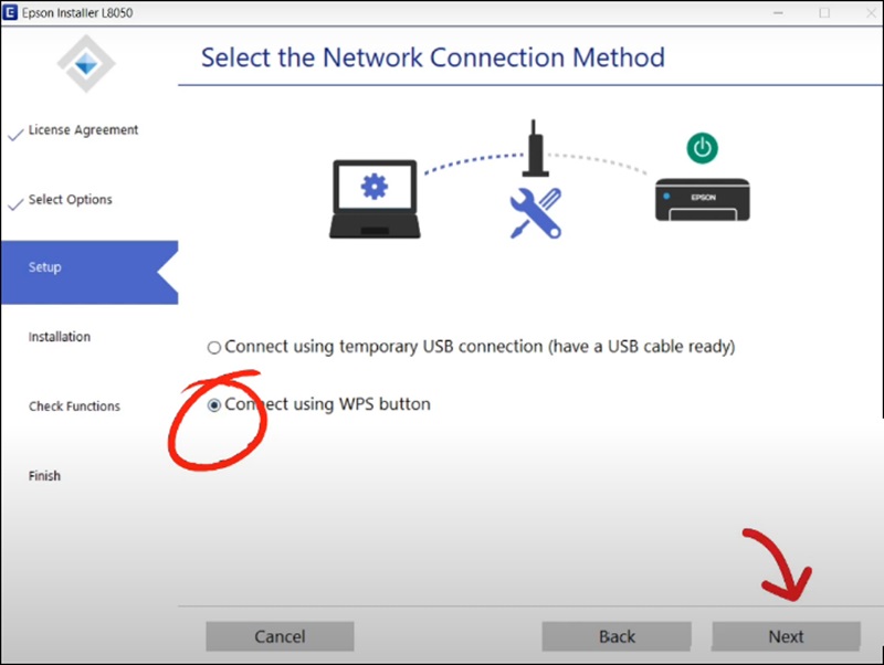 Tích chọn vào “Connect using WPS button”, nhấn "Next"
